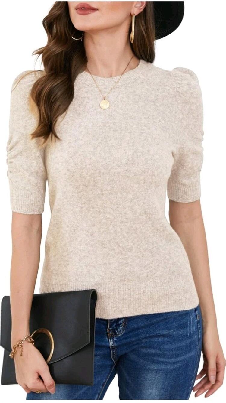 Women'Puff Short Sleeve Sweater Tops 2024 Spring Summer Trendy Crew Neck Size L